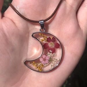 Crescent moon pressed flower necklace